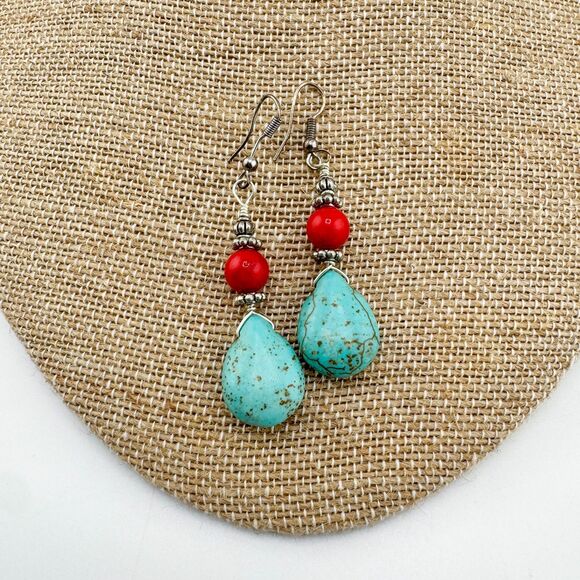 Turquoise & Red Coral Beaded Necklace Set Teardrop Toggle Earrings Southwestern - Picture 12 of 16